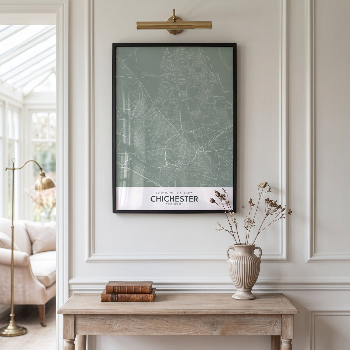 Your Town Merch — Chichester Framed Map Print (Sage) lifestyle