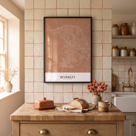 Beverley — Framed Map Print (Terracotta)