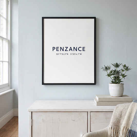 Your Town Merch — Penzance Framed Coordinates Print lifestyle