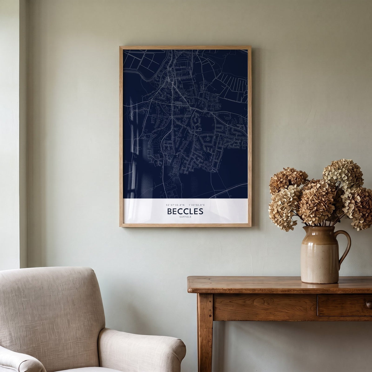 Beccles — Framed Map Print (Navy)