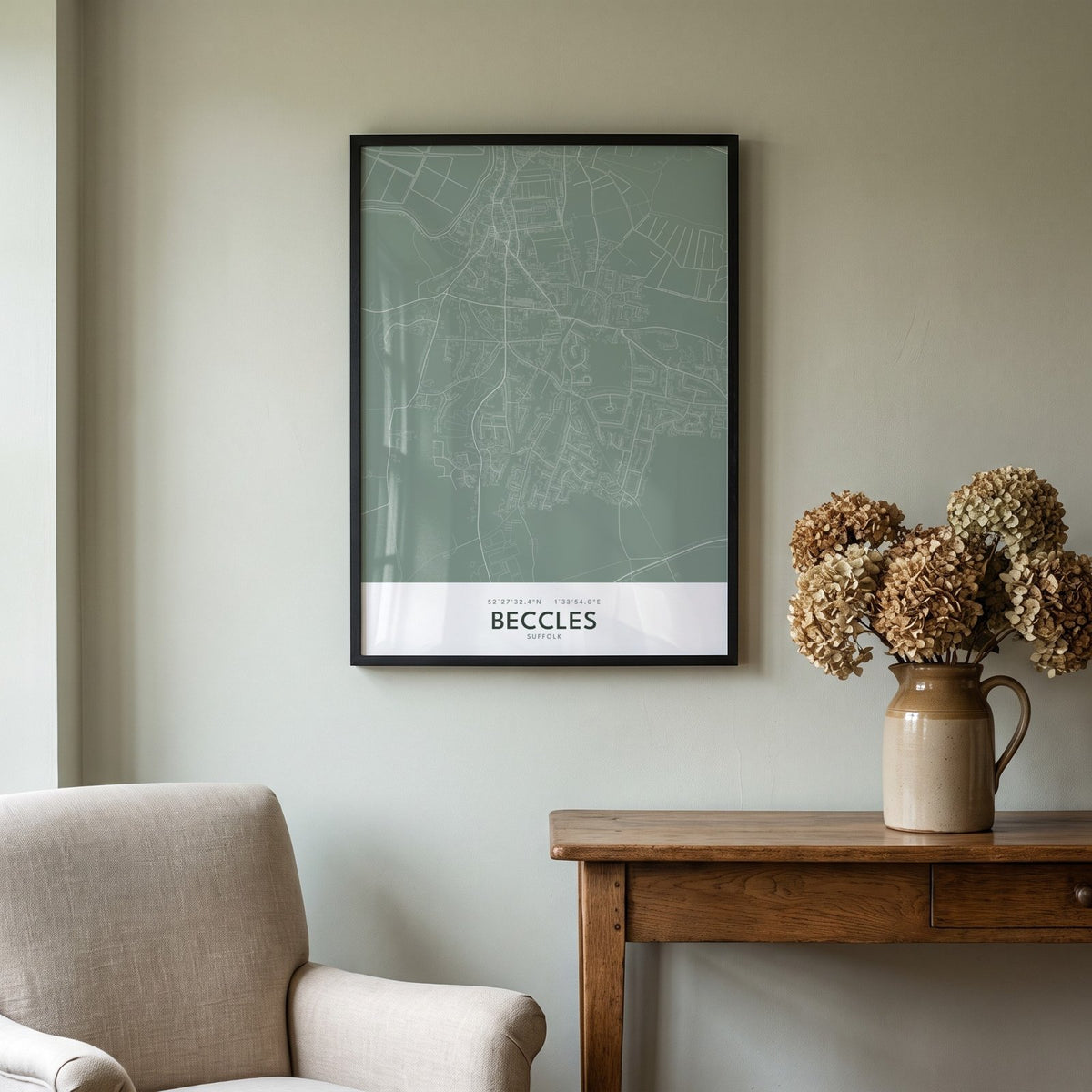 Your Town Merch — Beccles Framed Map Print (Sage) lifestyle