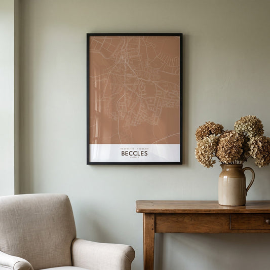 Your Town Merch — Beccles Framed Map Print (Terracotta) lifestyle