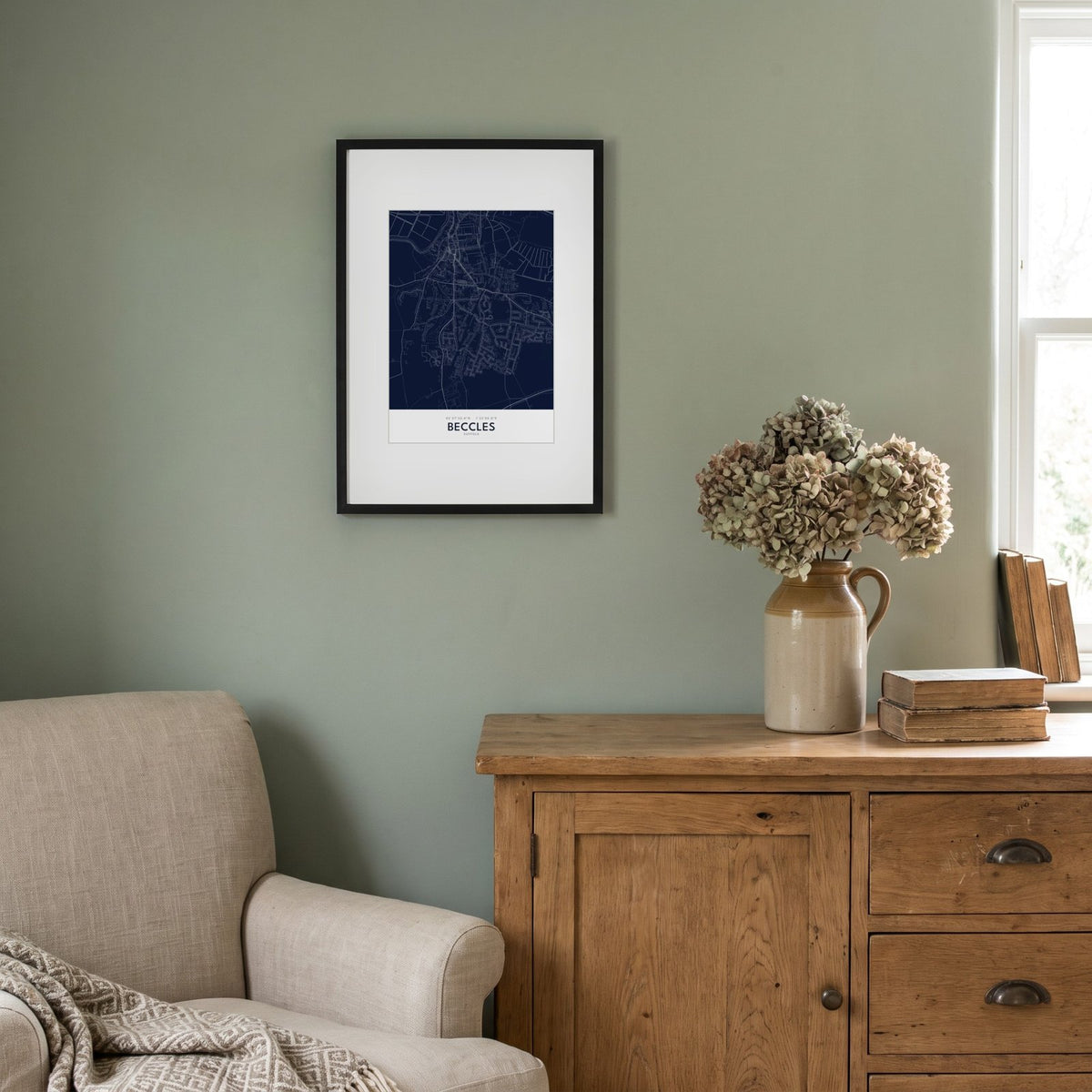 Beccles — Framed Map Print (Navy)