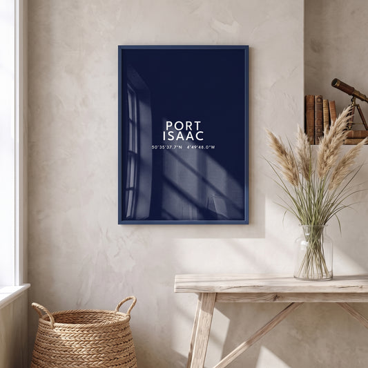 Port Isaac — Framed Coordinates Print (Navy)