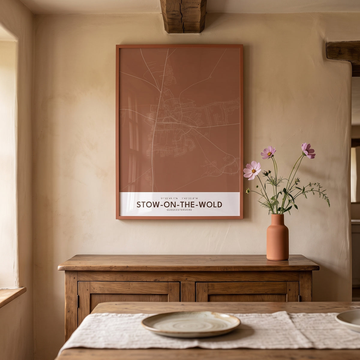 Your Town Merch — Stow-on-the-Wold Framed Map Print (Terracotta) lifestyle