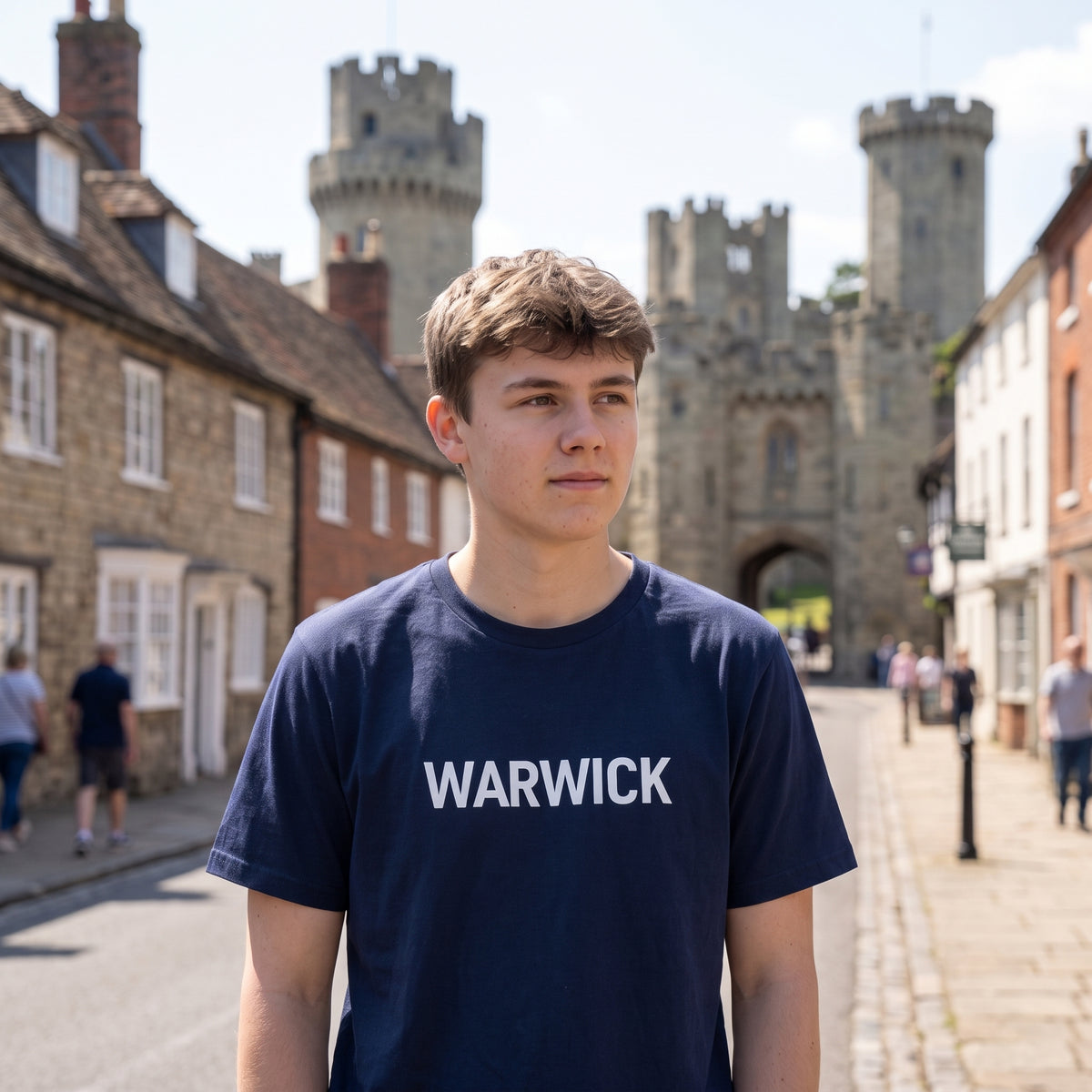 Your Town Merch — Warwick Navy Tee lifestyle