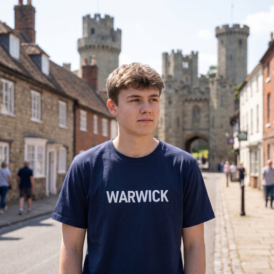 Your Town Merch — Warwick Navy Tee lifestyle