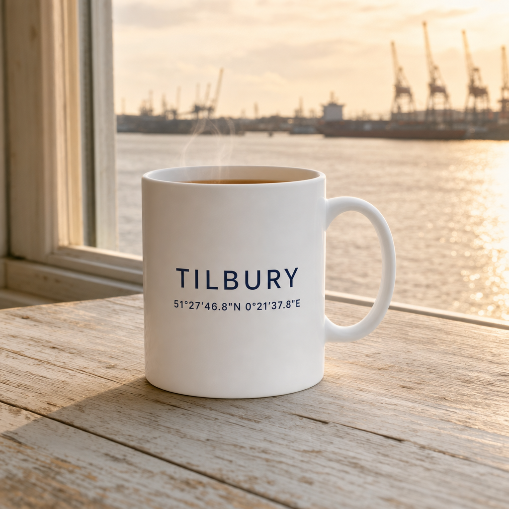 Your Town Merch — Tilbury Coordinates Ceramic Mug lifestyle photo