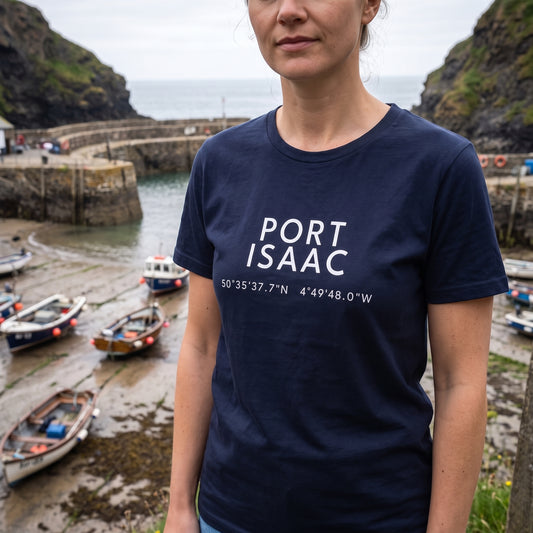 Port Isaac — Coordinates Navy Tee