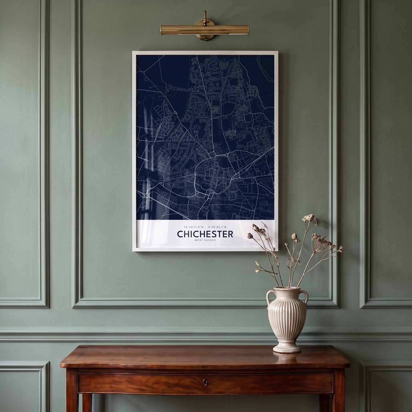 Chichester — Framed Map Print (Navy)
