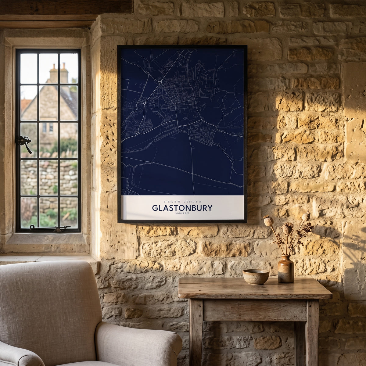 Your Town Merch — Glastonbury Framed Map Print (Navy) lifestyle