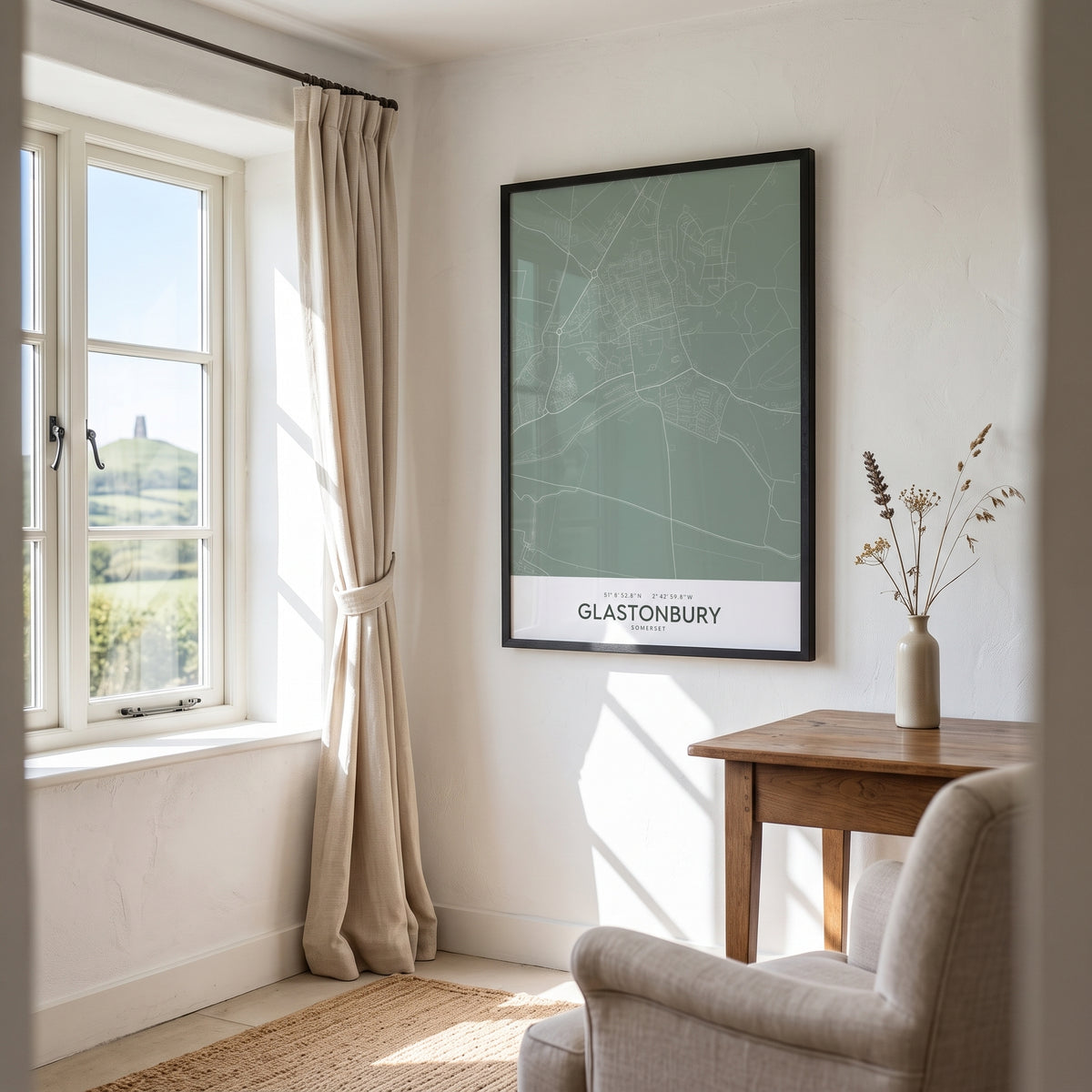 Your Town Merch — Glastonbury Framed Map Print (Sage) lifestyle