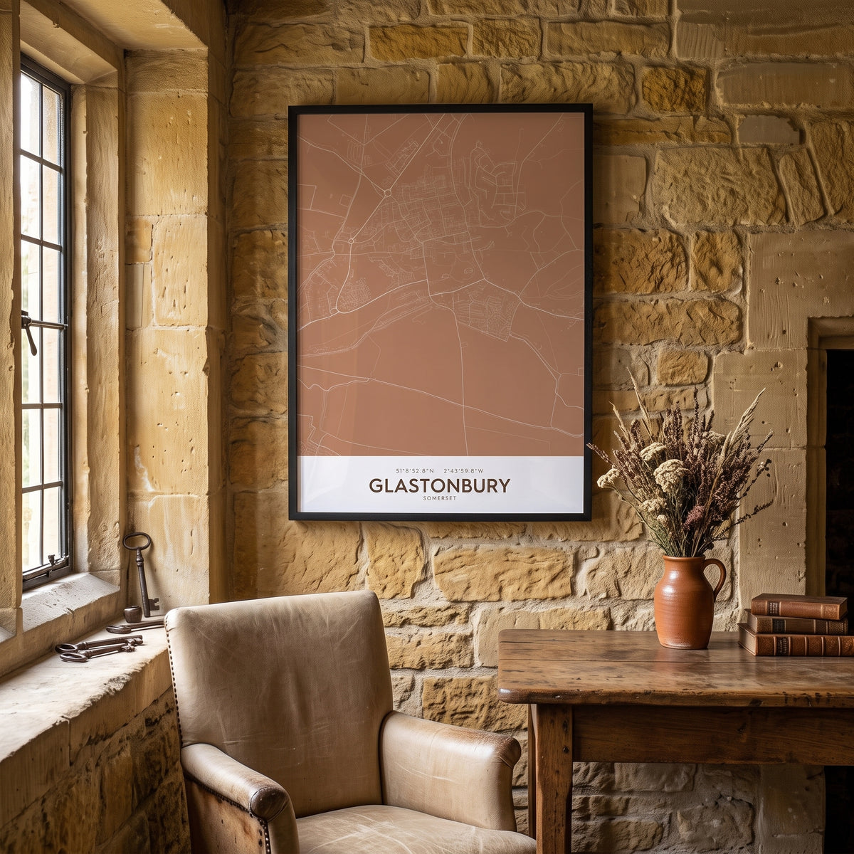 Your Town Merch — Glastonbury Framed Map Print (Terracotta) lifestyle