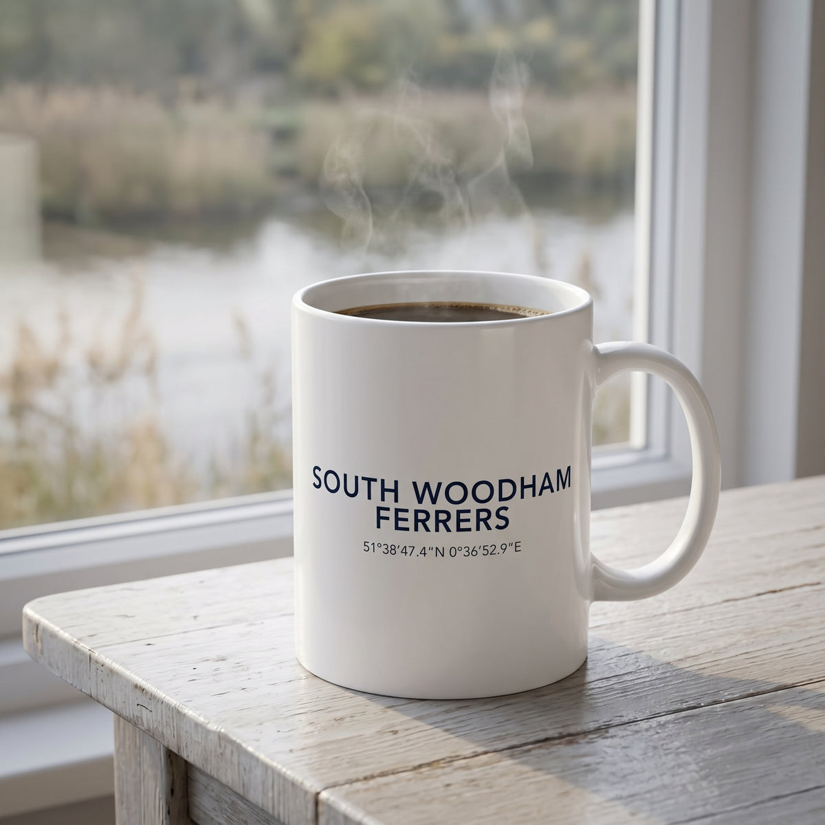 Your Town Merch — South Woodham Ferrers Coordinates Ceramic Mug lifestyle