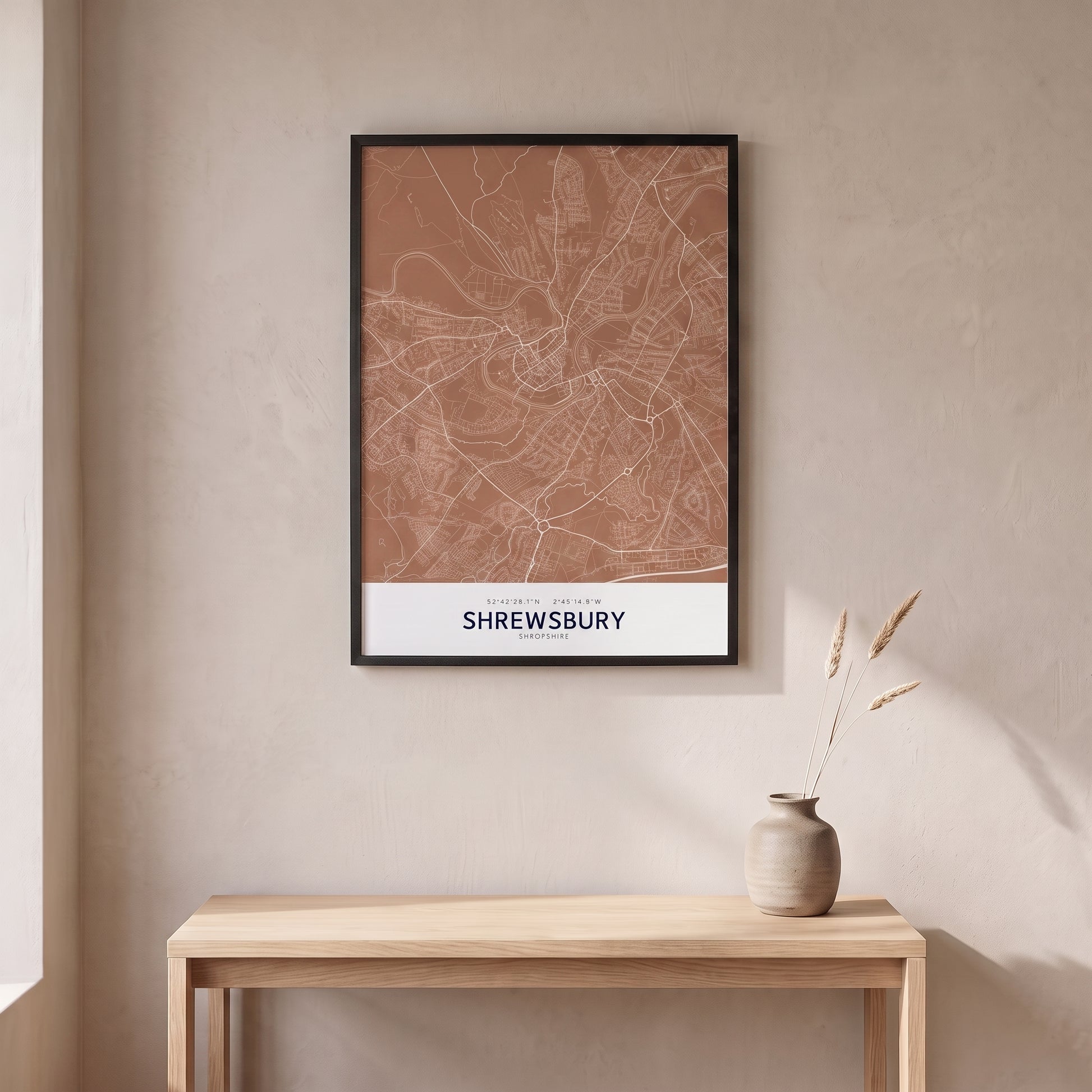 Your Town Merch — Shrewsbury Framed Map Print (Terracotta) lifestyle