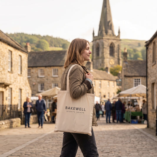 Your Town Merch — Bakewell Coordinates Natural Tote lifestyle