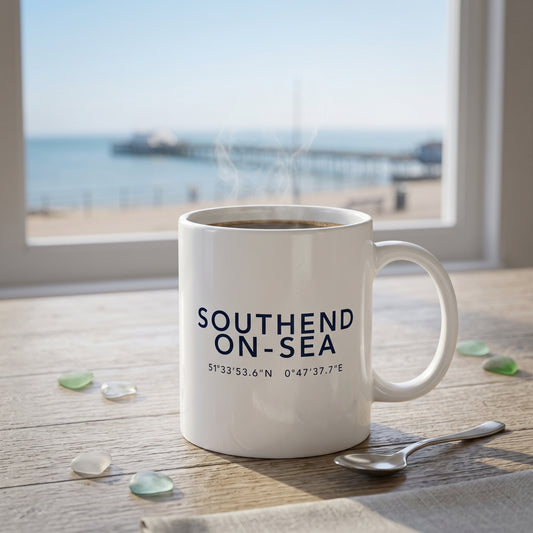 Your Town Merch — Southend-on-Sea Coordinates Ceramic Mug lifestyle