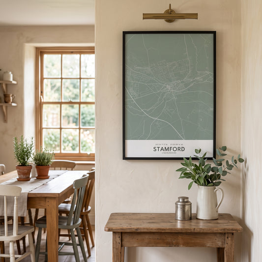 Your Town Merch — Stamford Framed Map Print (Sage) lifestyle