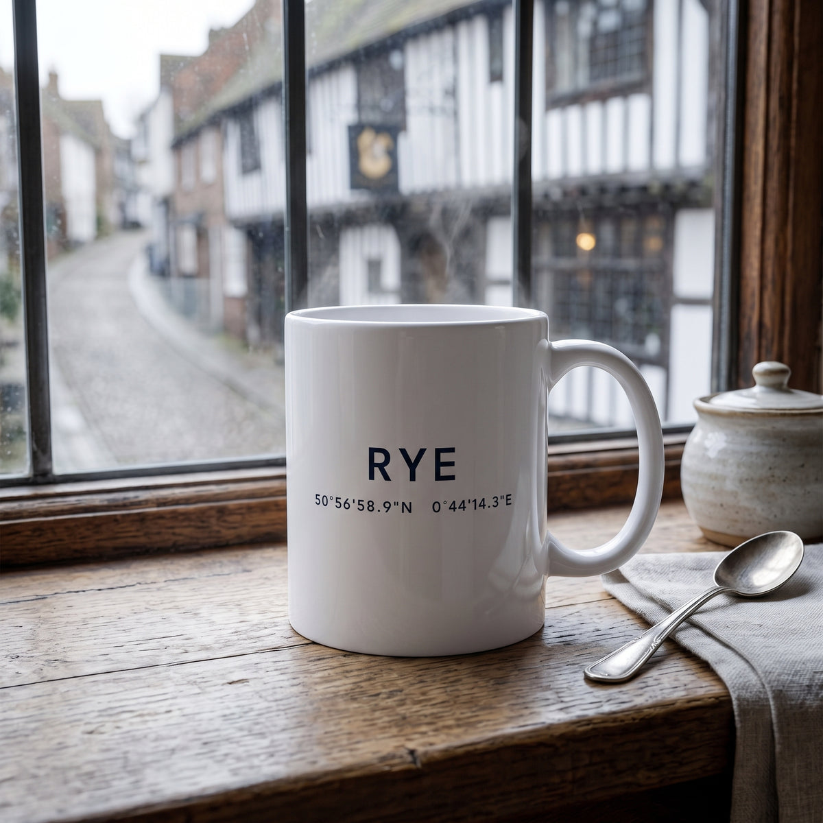 Your Town Merch — Rye Coordinates Ceramic Mug lifestyle