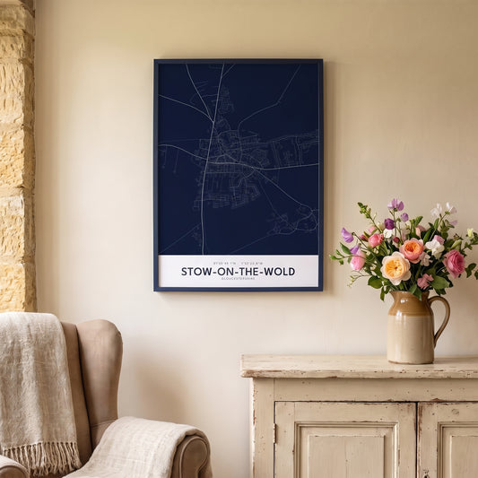 Your Town Merch — Stow-on-the-Wold Framed Map Print (Navy) lifestyle