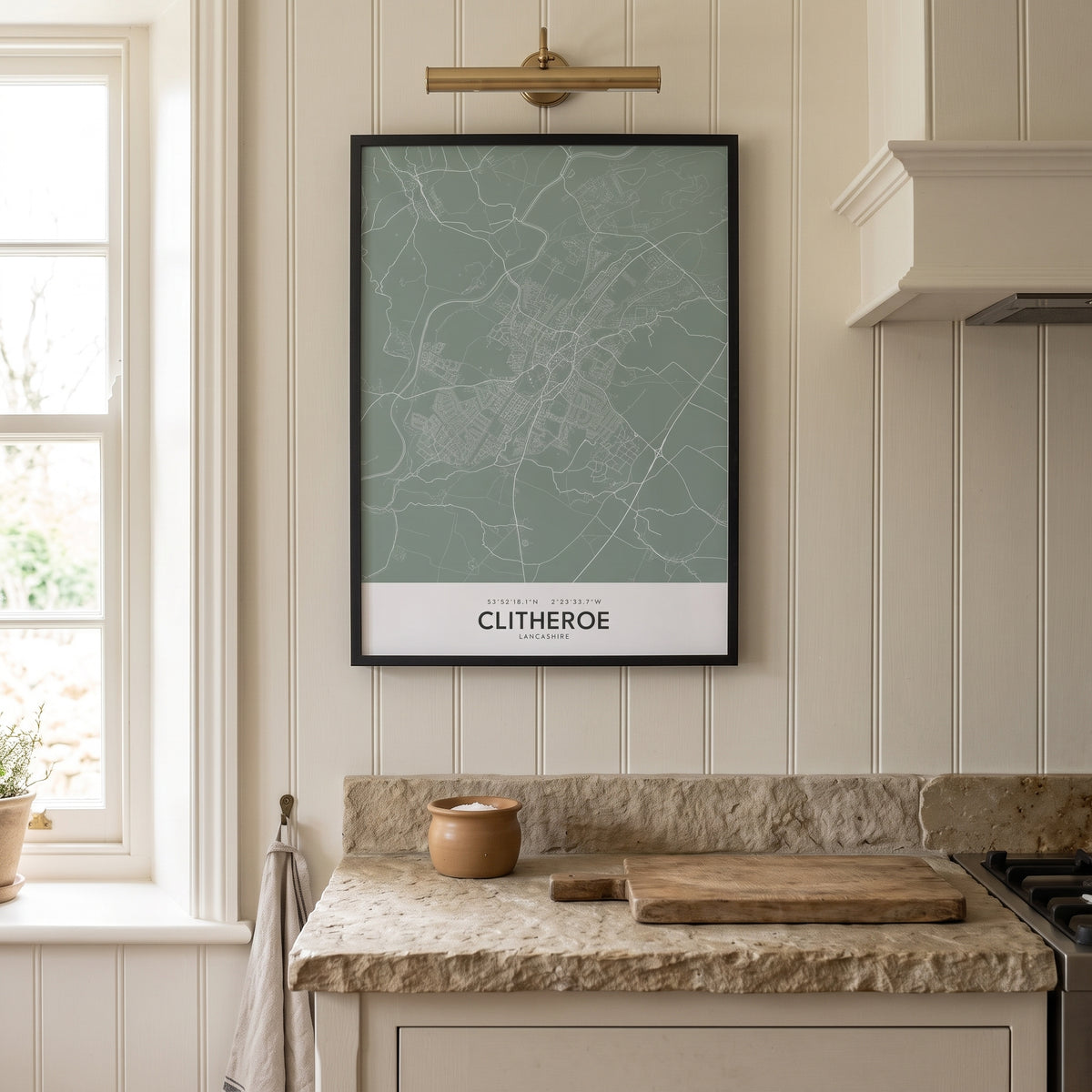 Your Town Merch — Clitheroe Framed Map Print (Sage) lifestyle
