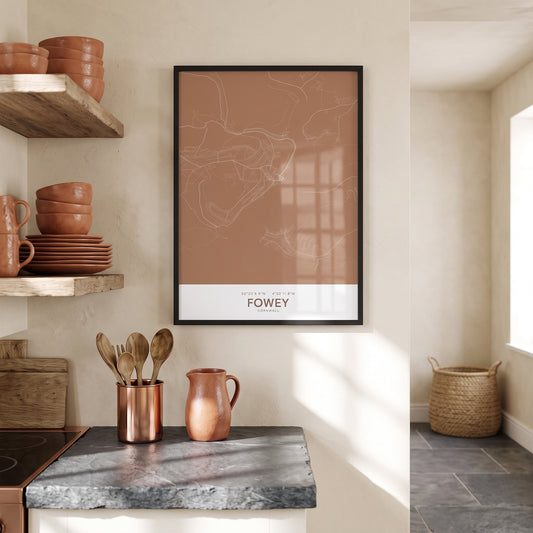 Fowey — Framed Map Print (Terracotta)