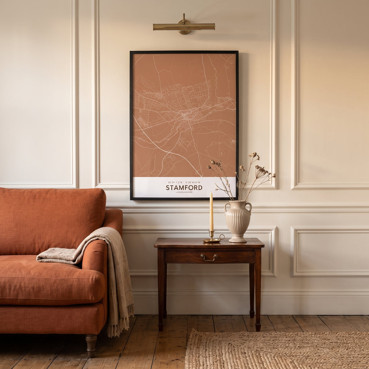 Your Town Merch — Stamford Framed Map Print (Terracotta) lifestyle