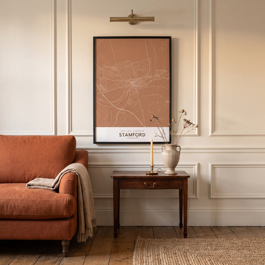 Your Town Merch — Stamford Framed Map Print (Terracotta) lifestyle