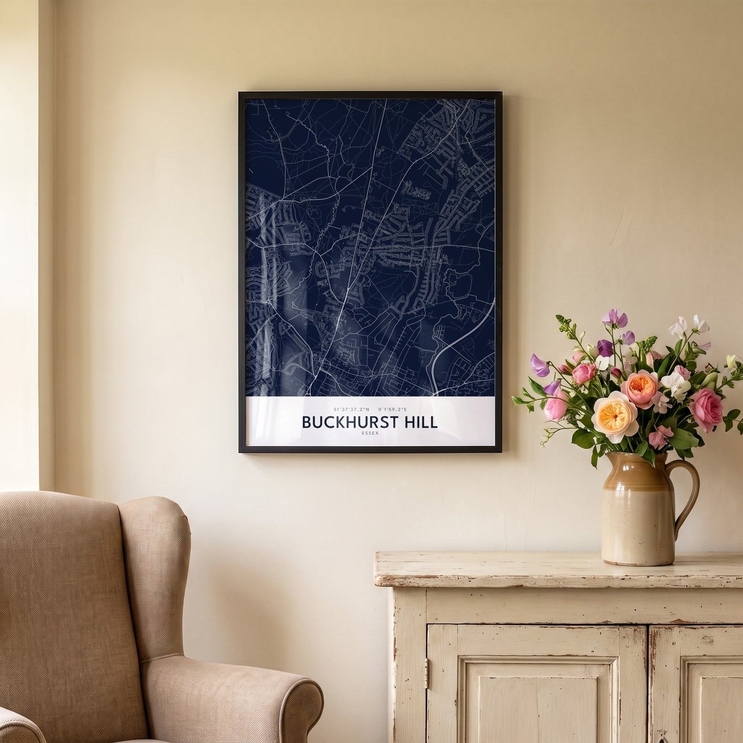 Buckhurst Hill — Framed Map Print (Navy)