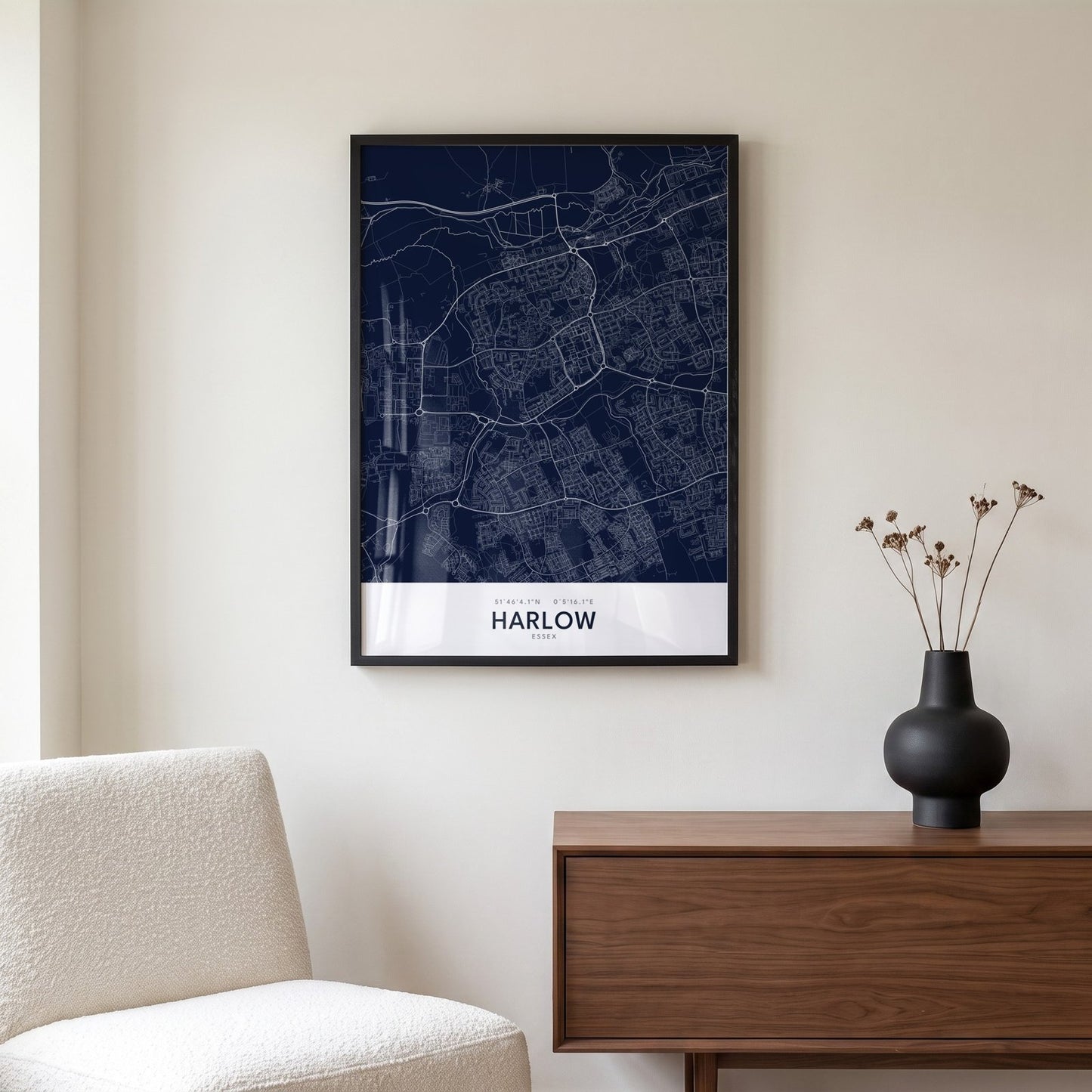 Harlow — Framed Map Print (Navy)