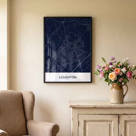 Loughton — Framed Map Print (Navy)
