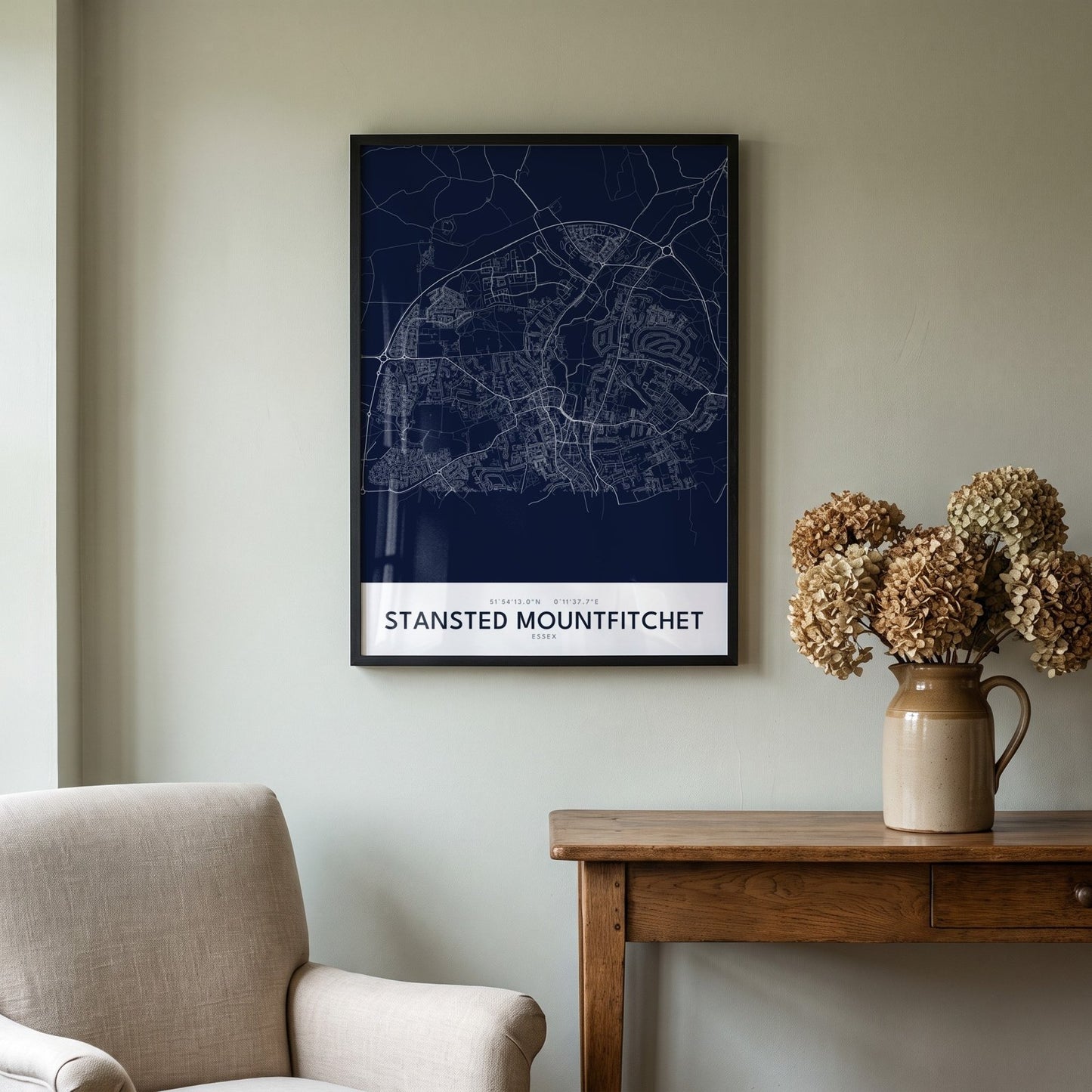 Stansted Mountfitchet — Framed Map Print (Navy)