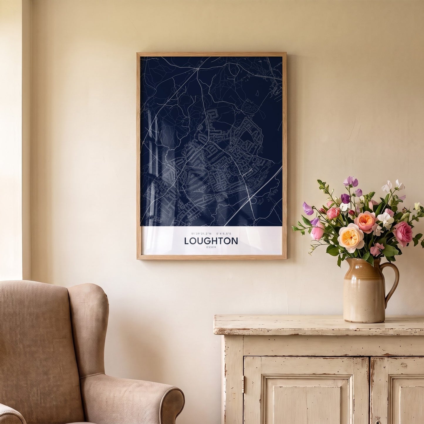 Loughton — Framed Map Print (Navy)