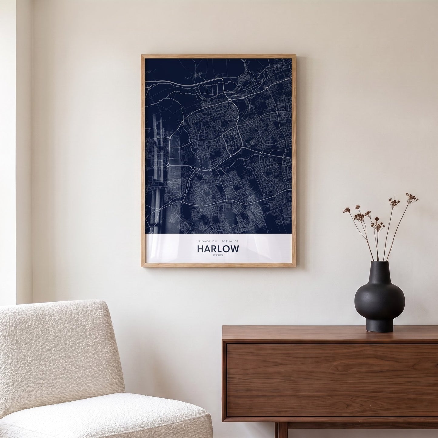 Harlow — Framed Map Print (Navy)