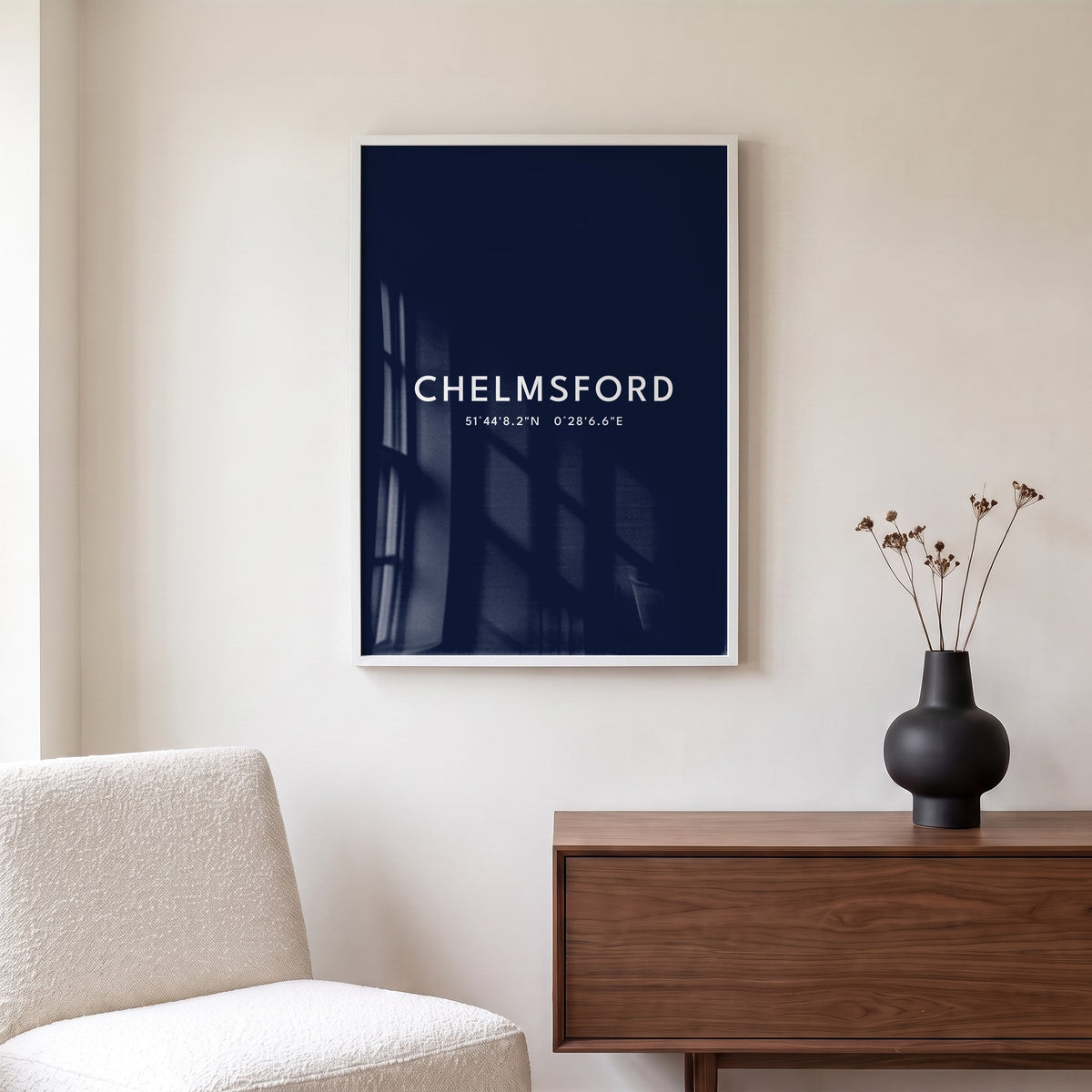 Your Town Merch — Chelmsford Framed Coordinates Print (Navy) lifestyle
