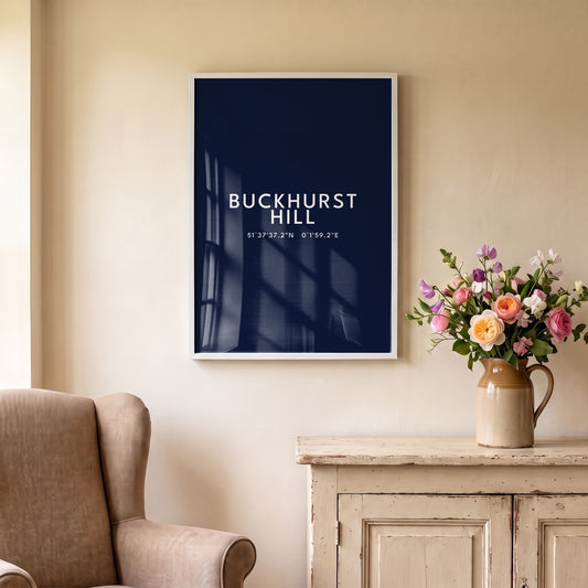 Buckhurst Hill — Framed Coordinates Print (Navy)