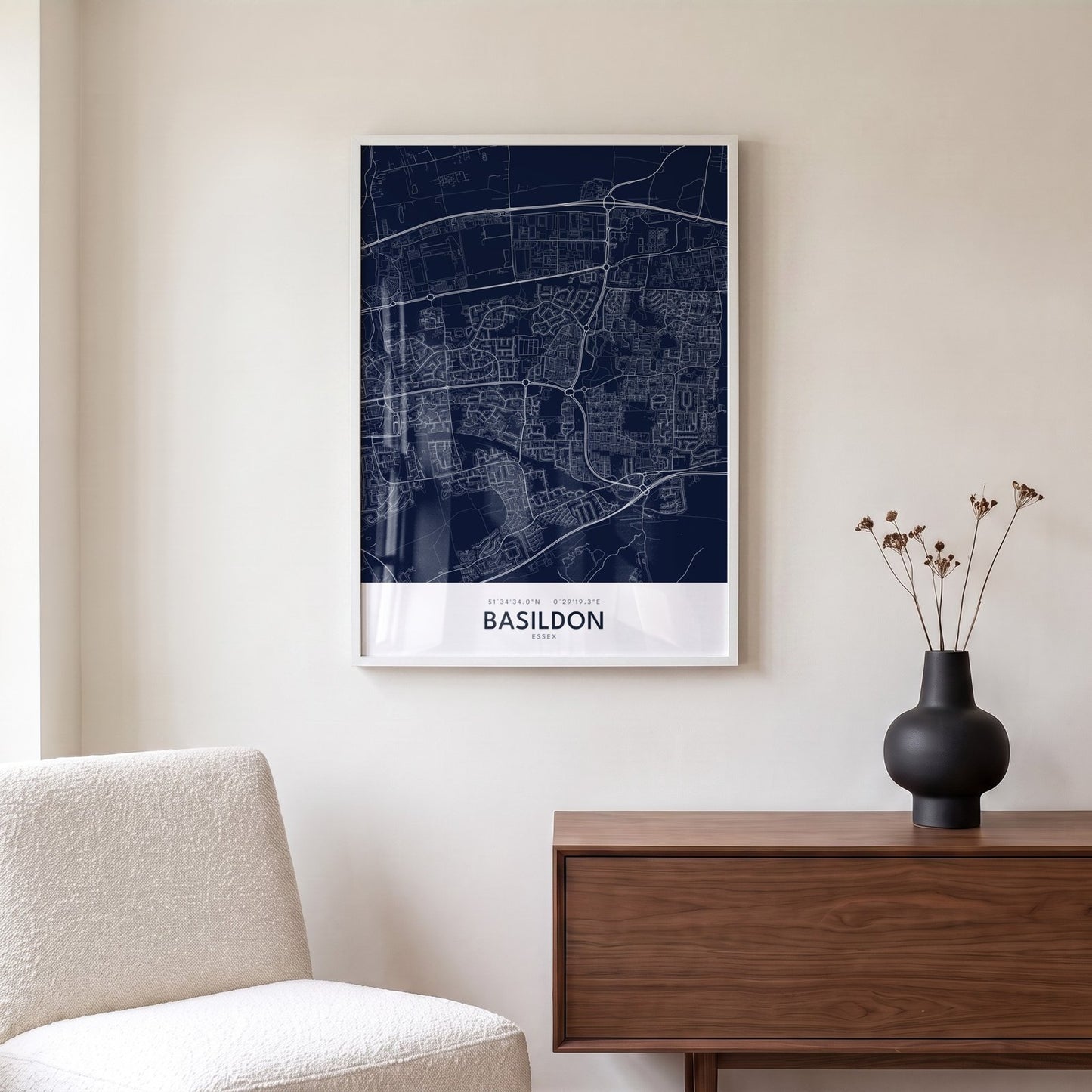 Basildon — Framed Map Print (Navy)