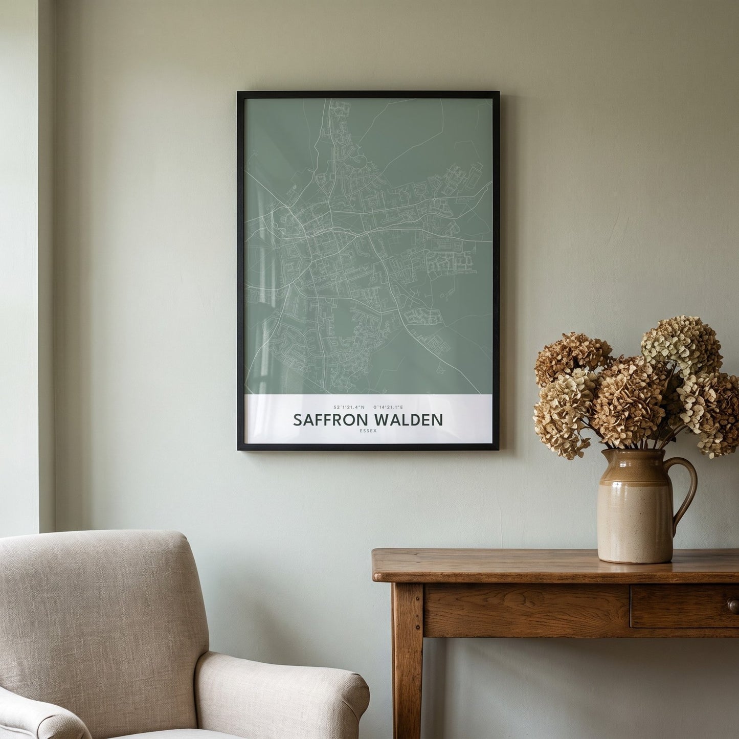 Saffron Walden — Framed Map Print (Sage)