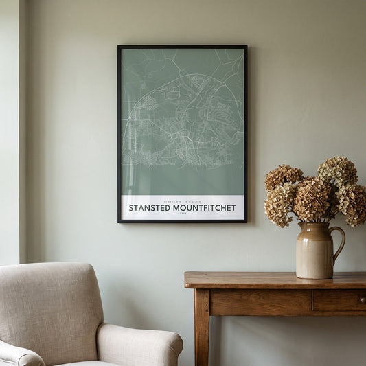Stansted Mountfitchet — Framed Map Print (Sage)