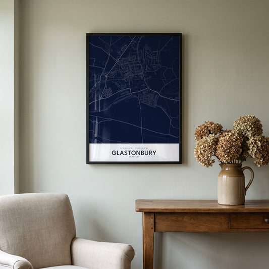 Glastonbury — Framed Map Print (Navy)