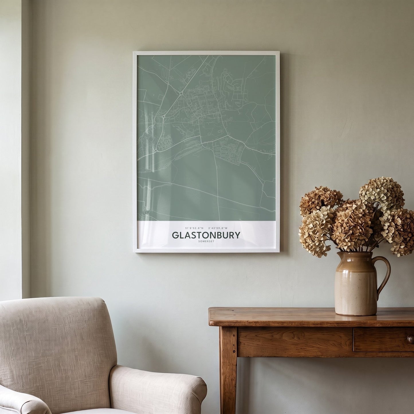 Glastonbury — Framed Map Print (Sage)