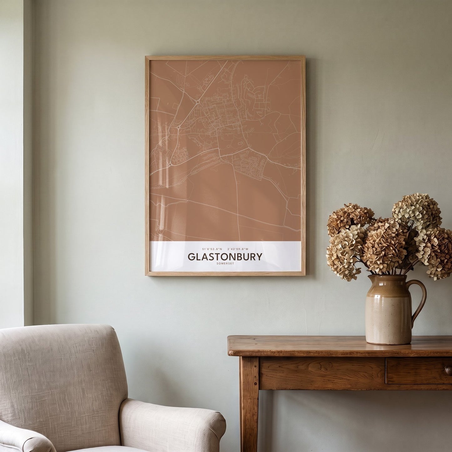 Glastonbury — Framed Map Print (Terracotta)