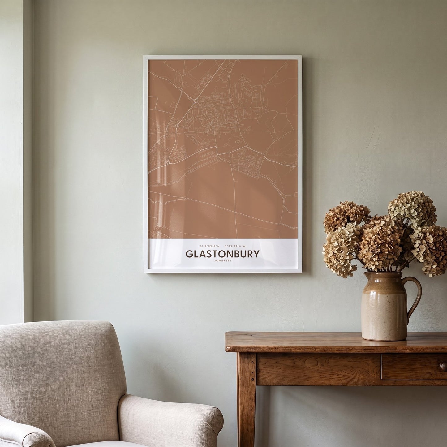 Glastonbury — Framed Map Print (Terracotta)