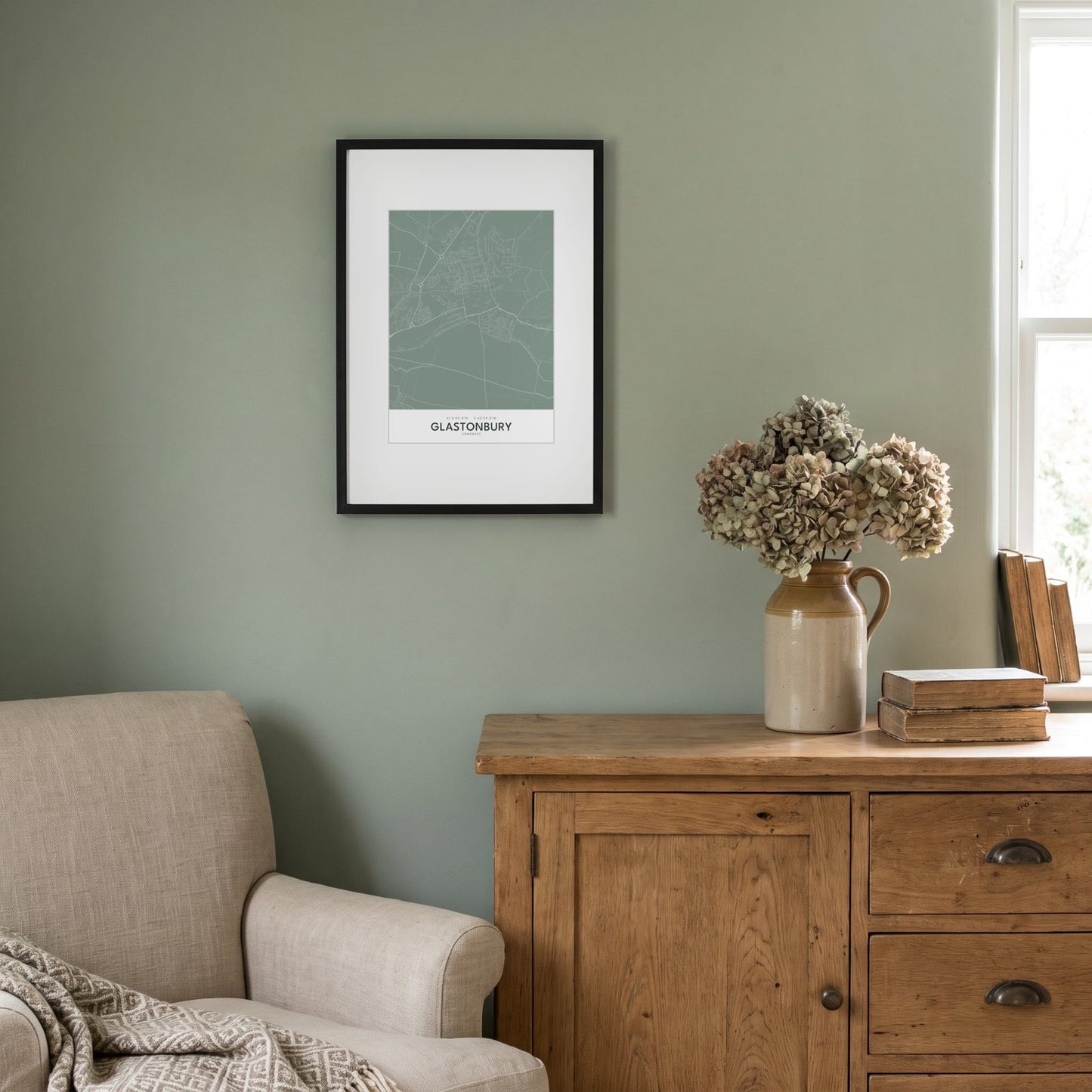Glastonbury — Framed Map Print (Sage)