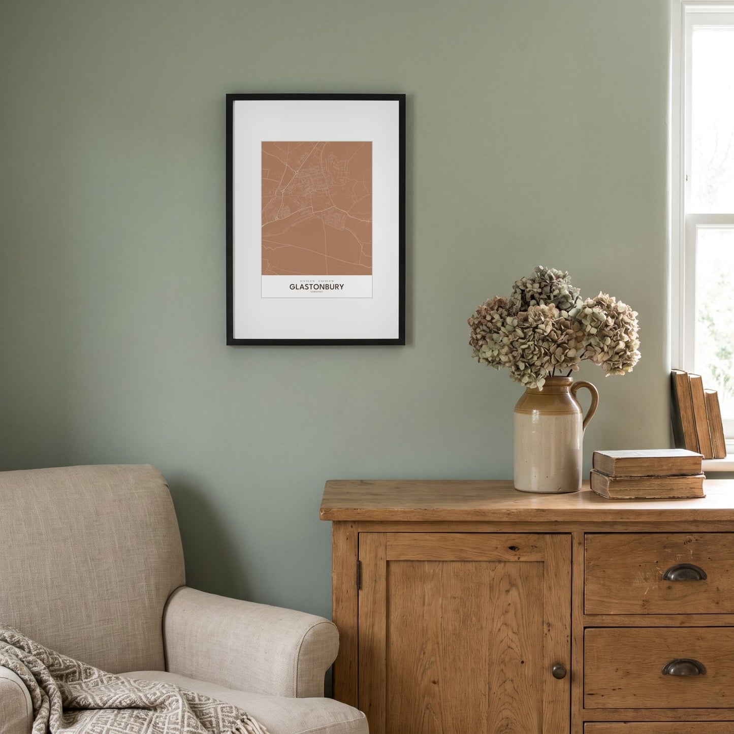 Glastonbury — Framed Map Print (Terracotta)