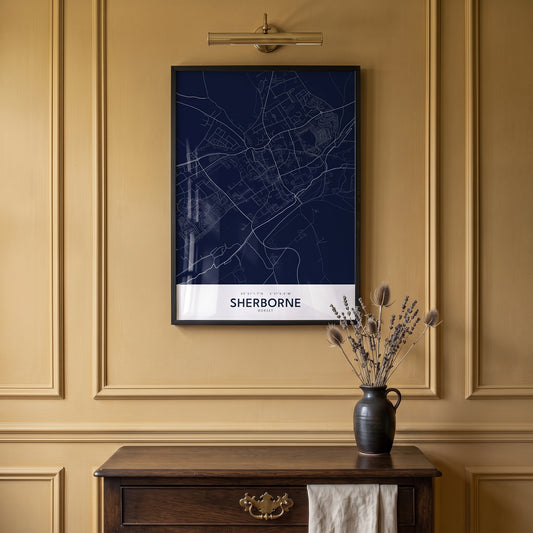 Your Town Merch — Sherborne Framed Map Print (Navy) lifestyle
