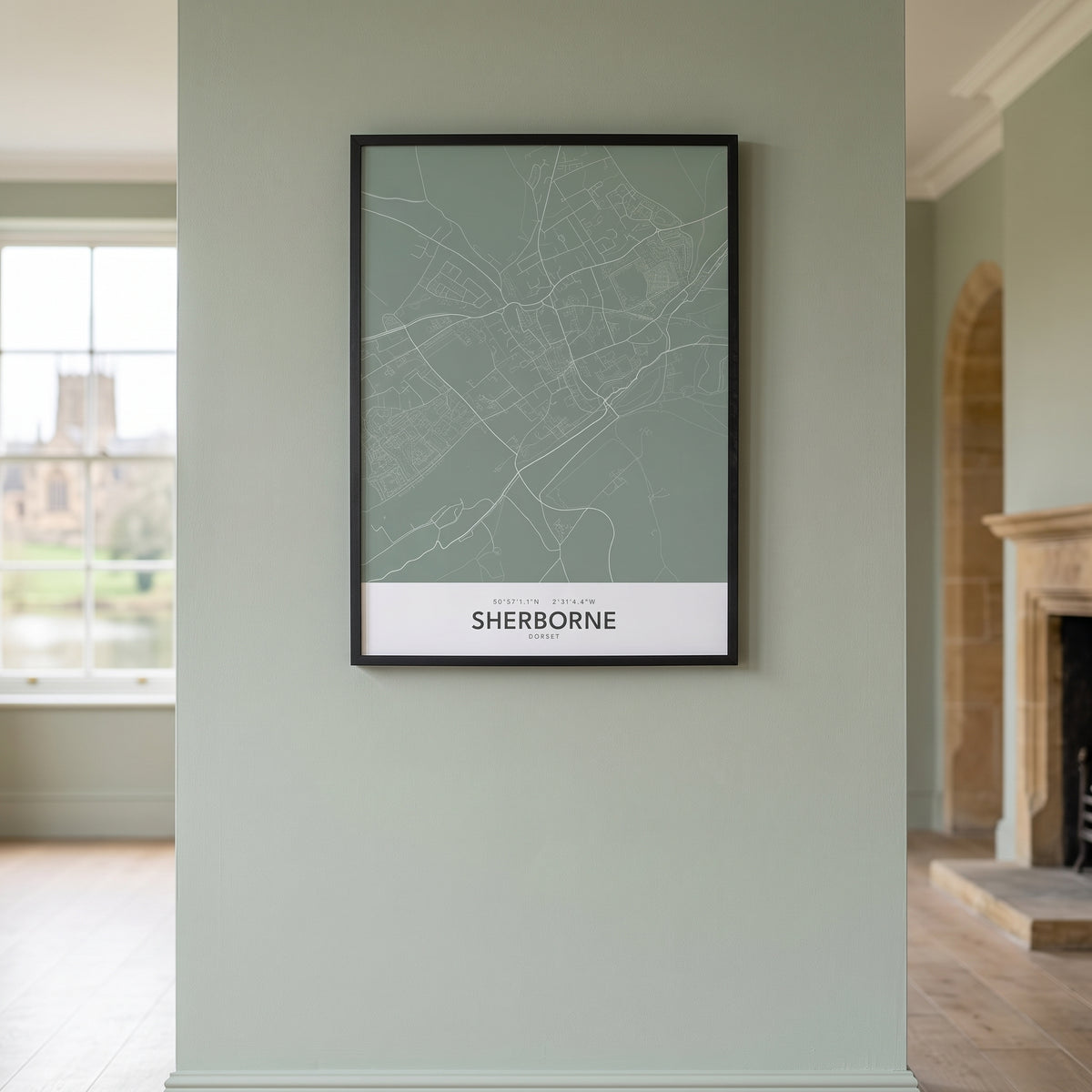 Your Town Merch — Sherborne Framed Map Print (Sage) lifestyle