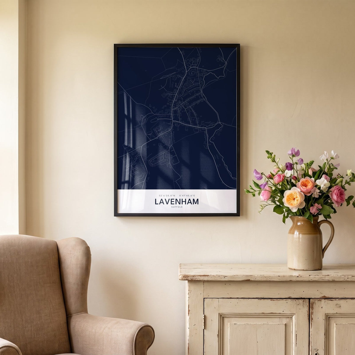 Your Town Merch — Lavenham Framed Map Print (Navy) lifestyle