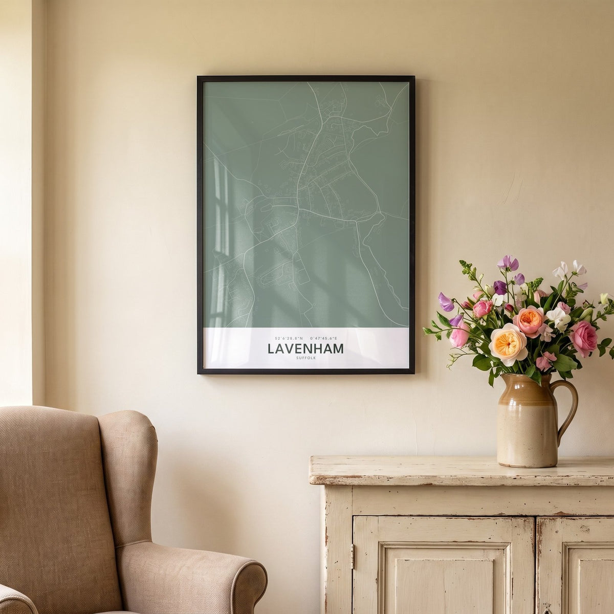 Your Town Merch — Lavenham Framed Map Print (Sage) lifestyle