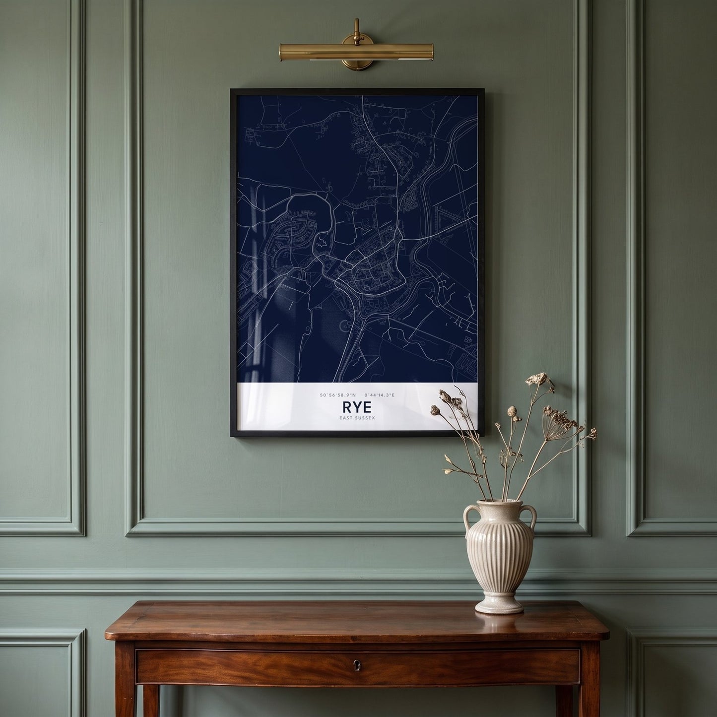 Rye — Framed Map Print (Navy)